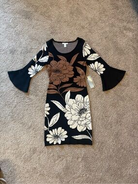 London Times Black Sweater Dress with Brown & Cream Floral Print